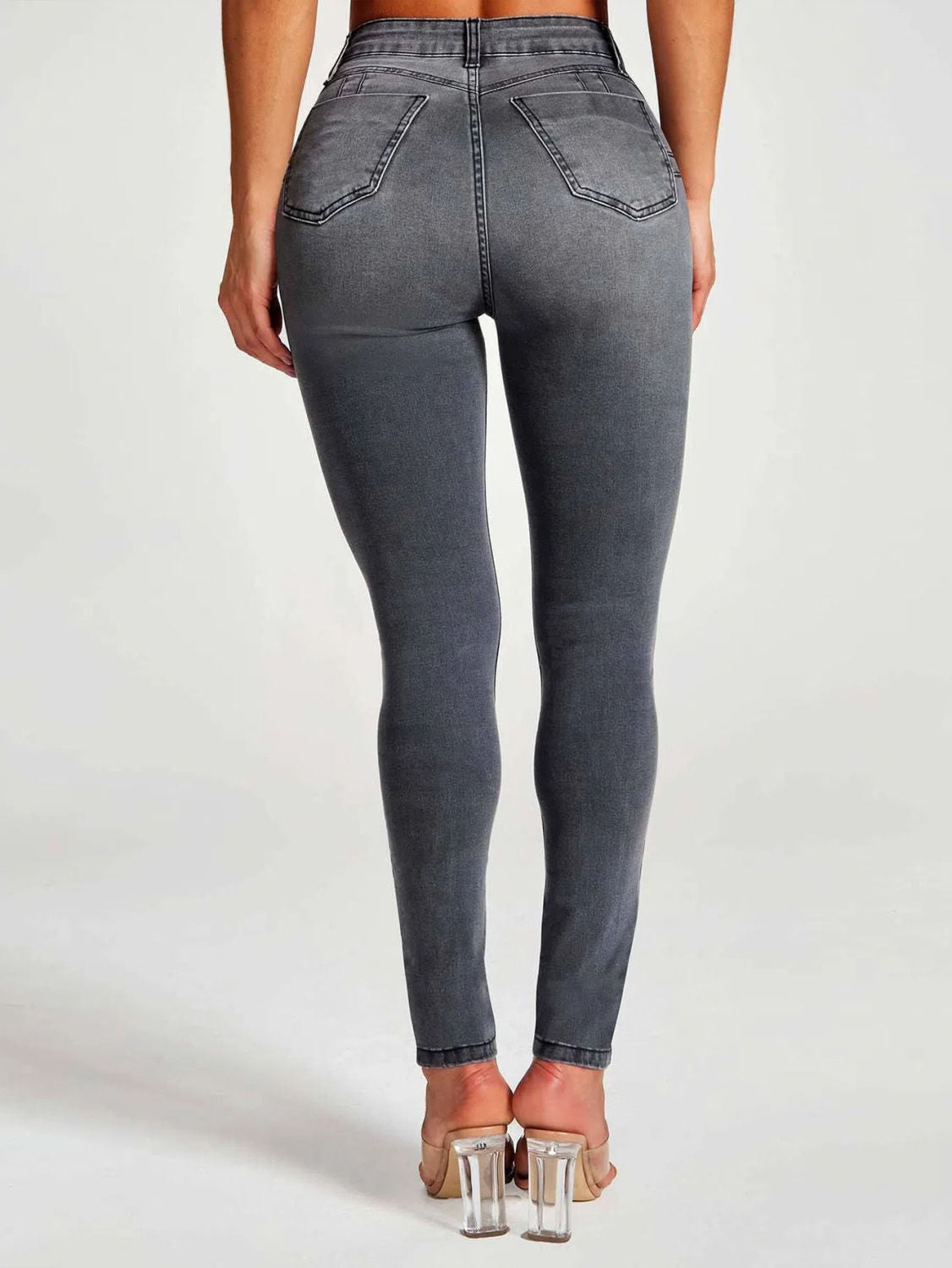 Jean slim gris femme taille haute  coupe moulante extensible, tendance Europe & USA, pantalon skinny élégant