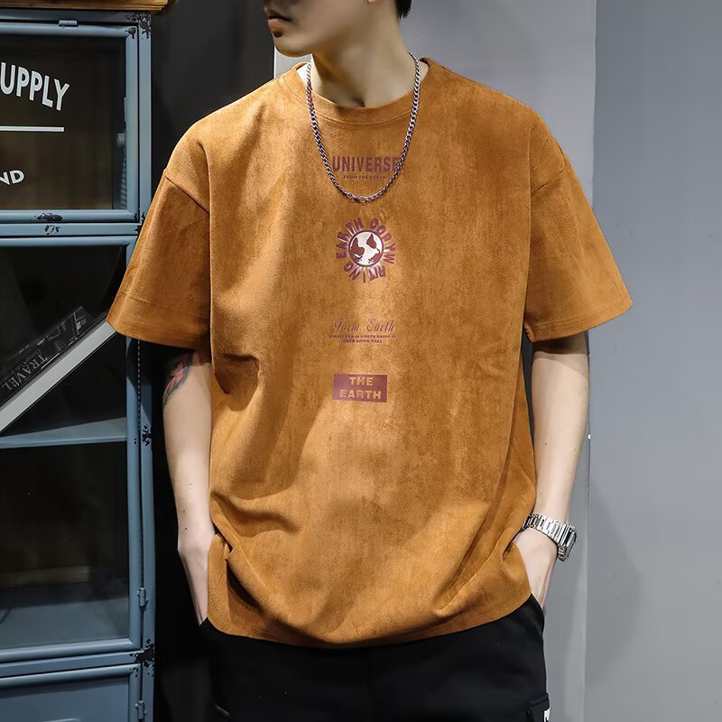 T-shirt homme en coton épais  manches courtes, imprimé vintage, coupe ample, style haut de gamme