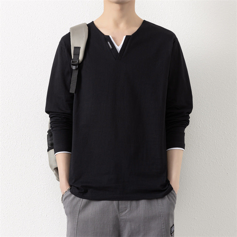 T-shirt col V à manches longues pour homme  Effet 2-en-1, 100 % coton, style décontracté et moderne