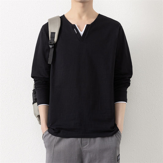 T-shirt col V à manches longues pour homme  Effet 2-en-1, 100 % coton, style décontracté et moderne