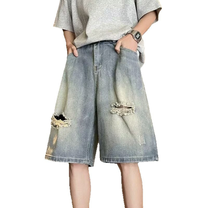 Short en jean déchiré pour homme  Style urbain, coupe large et décontractée, tendance et moderne