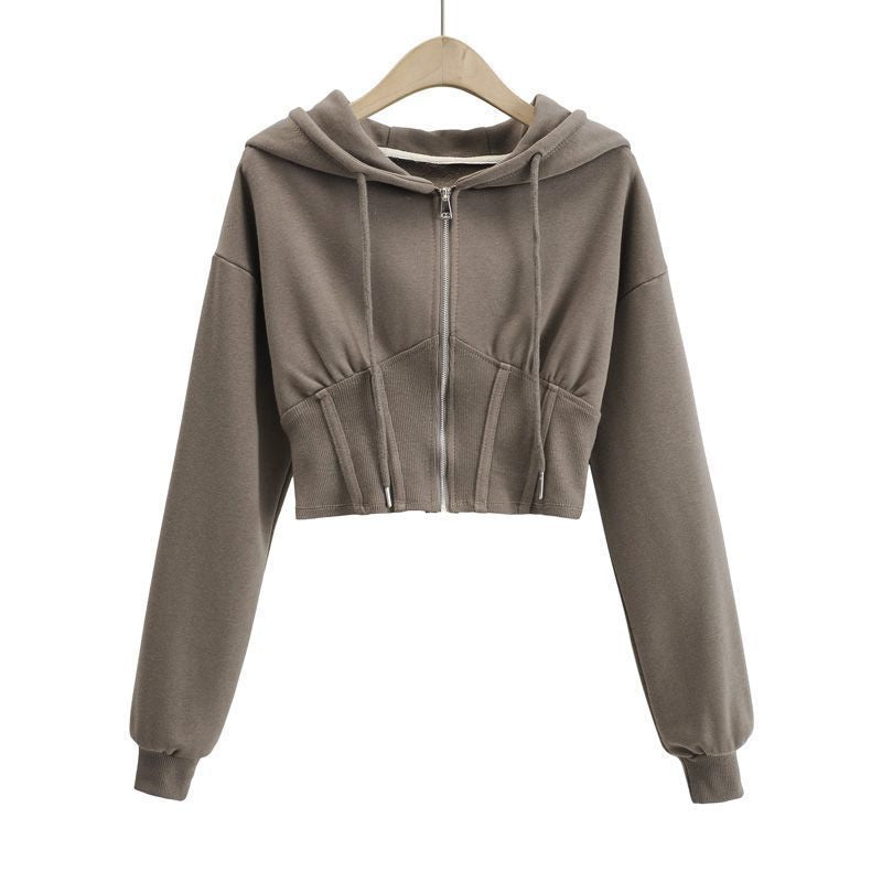 Sweat à Capuche Zippé Femme  Veste Courte Cintrée avec Détail Patch à la Taille
