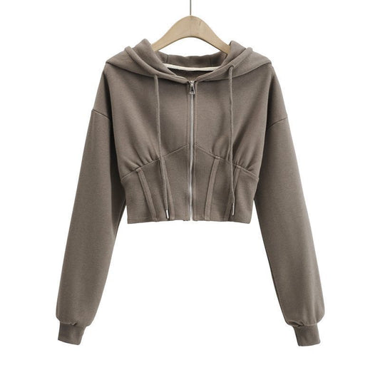 Sweat à Capuche Zippé Femme  Veste Courte Cintrée avec Détail Patch à la Taille