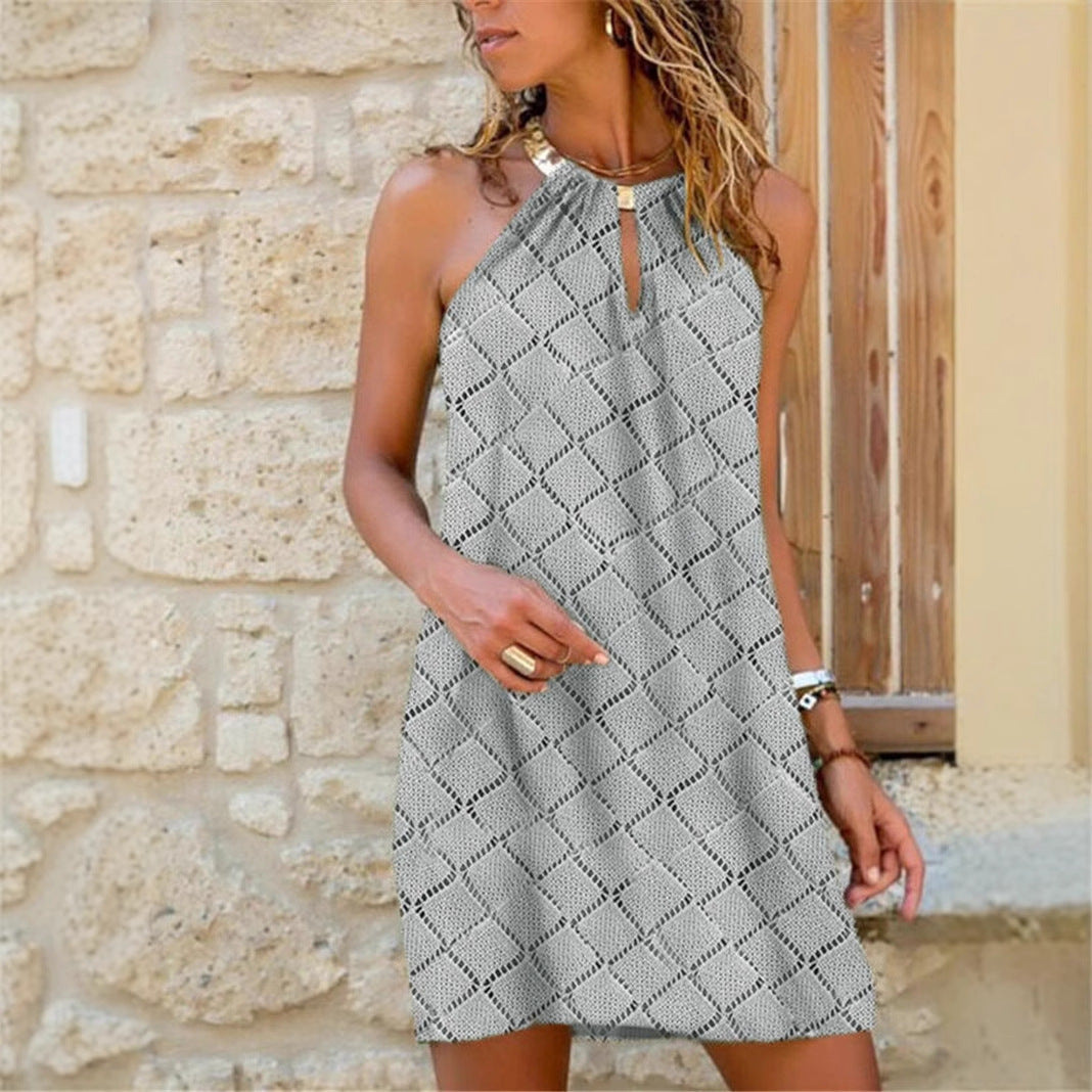 Robe ample sans manches à col halter métallique imprimé, nouvelle collection printemps-été, style européen et américain, vêtement féminin très tendance.