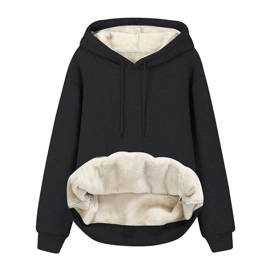 Sweat à capuche épais pour femme  Style européen et américain, cordon de serrage, couleur unie, doublure polaire chaude, parfait pour lautomne et lhiver