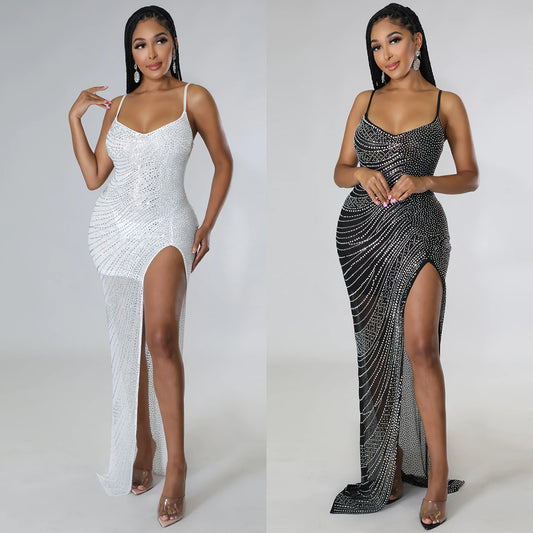 2025 Robe sexy à bretelles pour femmes avec strass, style célébrité, soirée et nightclub, tendance européenne et américaine