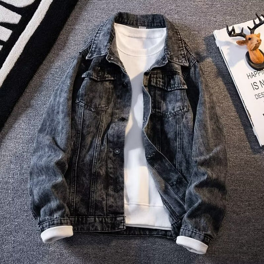 Veste en jean vintage jacquard pour homme, coupe ample et décontractée
