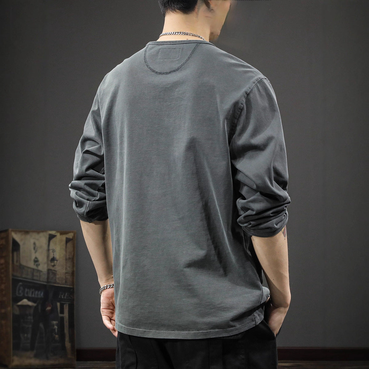 T-shirt à manches longues pour homme  En coton léger, coupe ample, col Henley, style décontracté et tendance