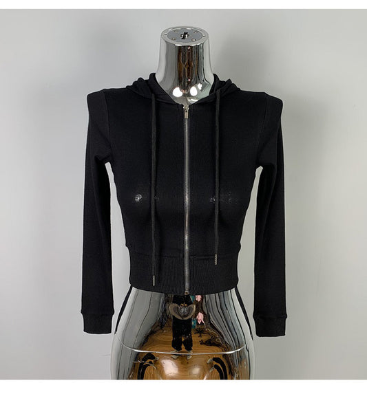 Cardigan court ajusté à capuche  Style sexy avec grand zip, coupe près du corps et décolleté audacieux, petit sweat léger tendance