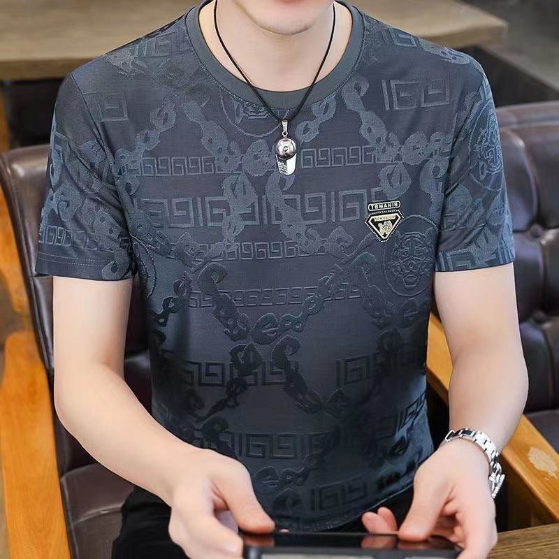 T-shirt homme en soie glacée  manches courtes, coupe ajustée, respirant, motif jacquard discret