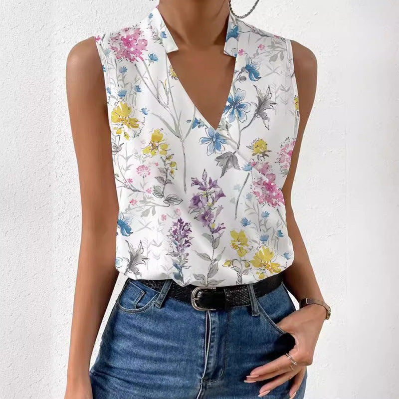 Top Imprimé Femme Col V  Style Européen & Américain