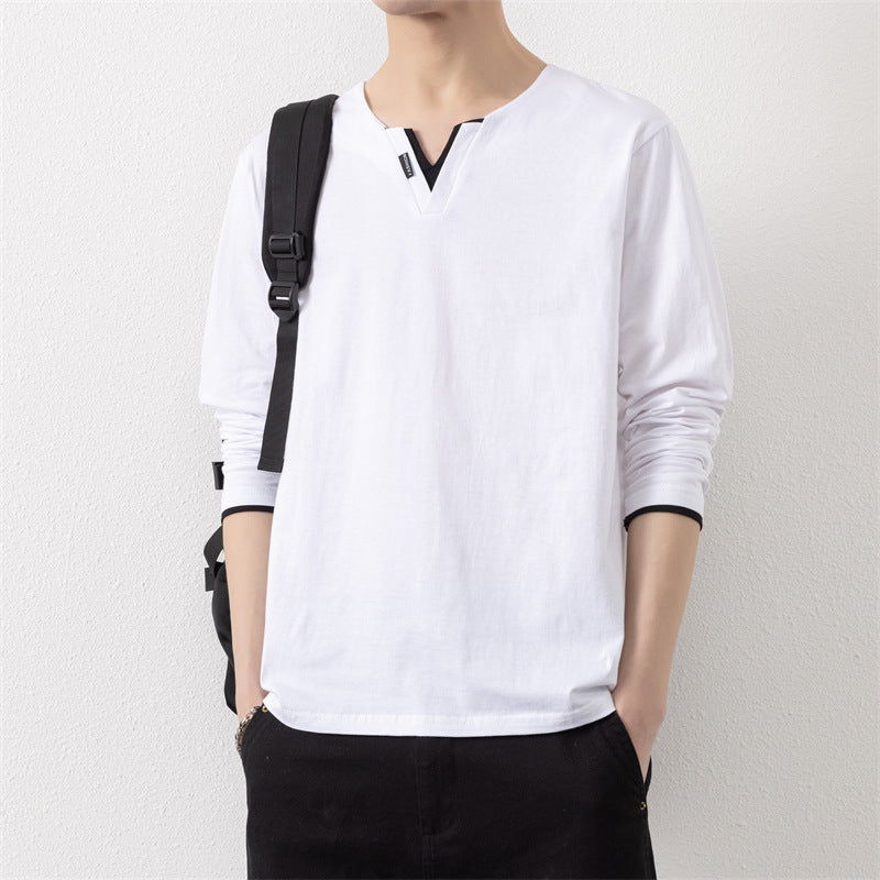 T-shirt col V à manches longues pour homme  Effet 2-en-1, 100 % coton, style décontracté et moderne