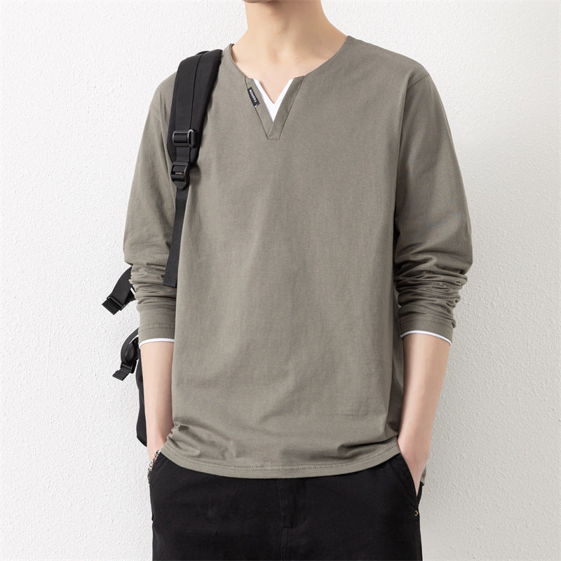 T-shirt col V à manches longues pour homme  Effet 2-en-1, 100 % coton, style décontracté et moderne