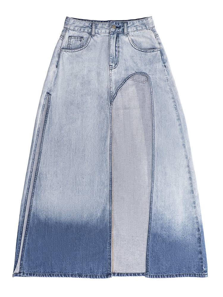 Jupe en Jean Asymétrique à Fente  Effet Dégradé & Style Urbain