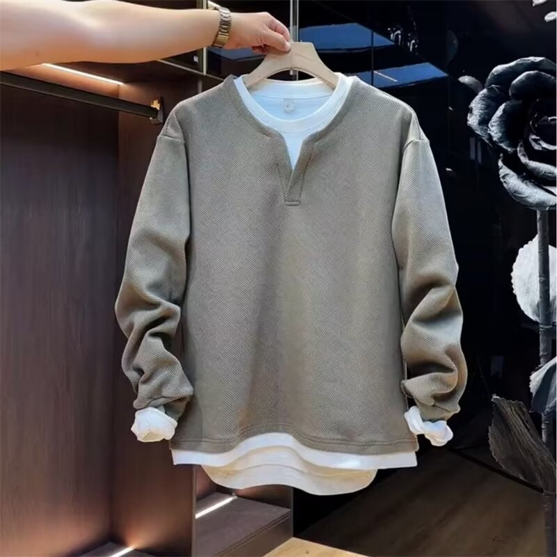 Sweat-shirt homme épais à col en V  style décontracté, coupe ample, doublure polaire imitation