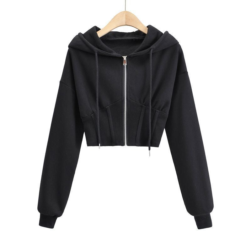 Sweat à Capuche Zippé Femme  Veste Courte Cintrée avec Détail Patch à la Taille