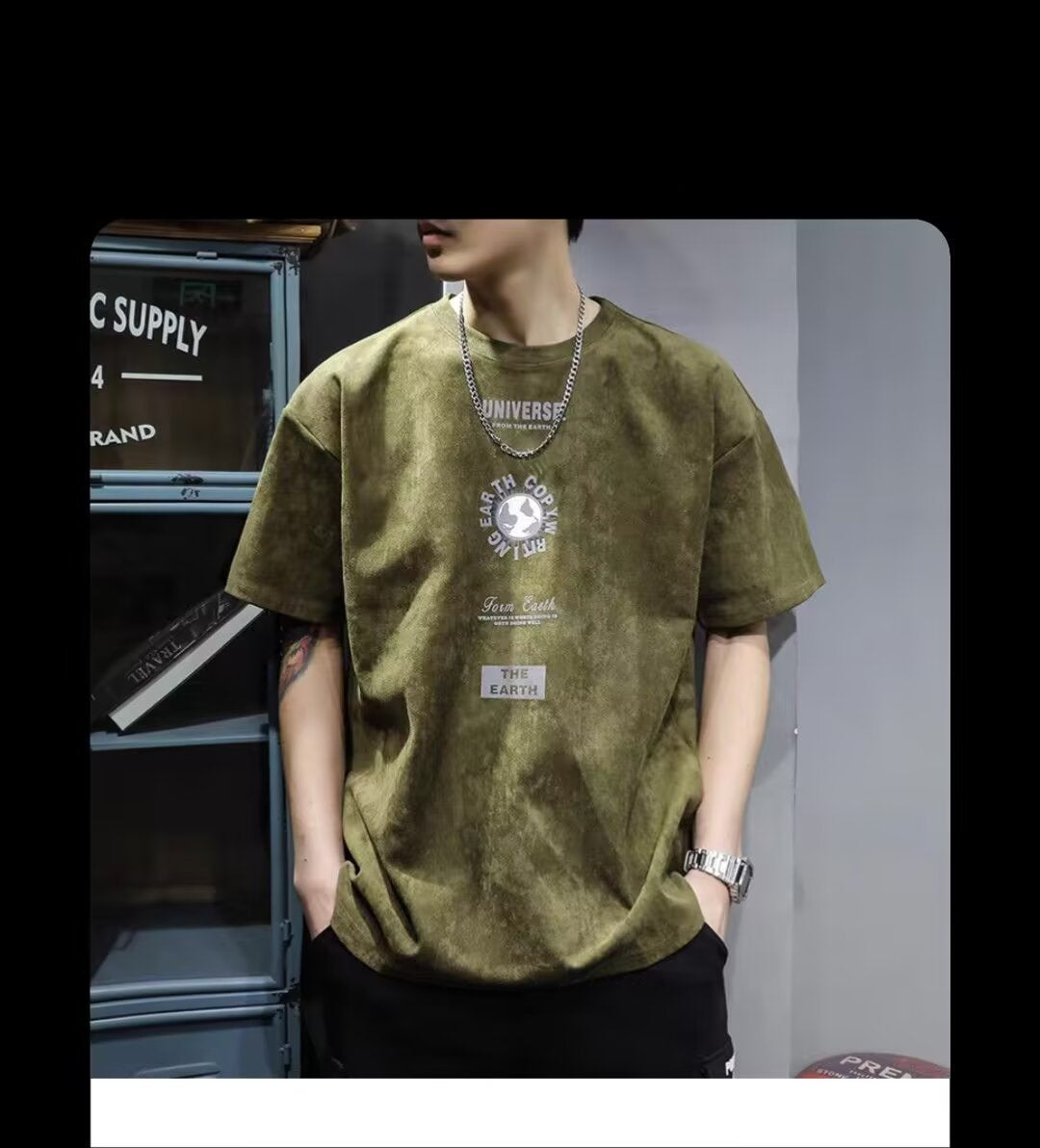 T-shirt homme en coton épais  manches courtes, imprimé vintage, coupe ample, style haut de gamme