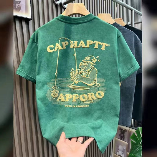 T-shirt homme en coton épais  manches courtes, imprimé vintage, coupe ample, style haut de gamme