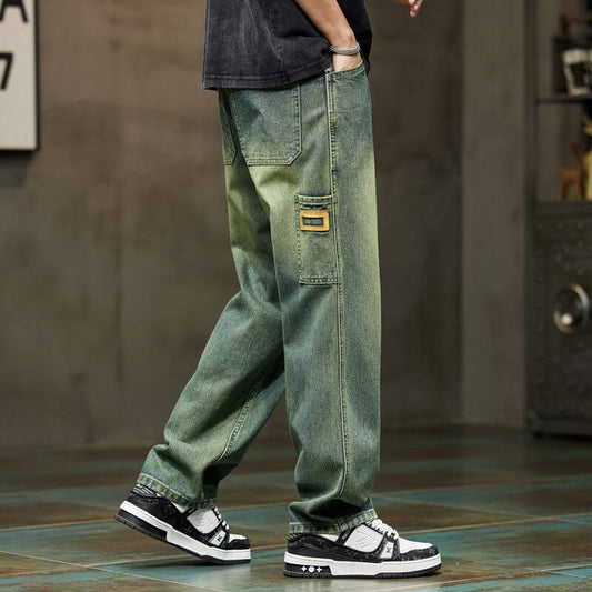 Korean version of cargo jeans spring and autumn new men's loose and versatile straight pants trend high-waisted men's pants four seasons
