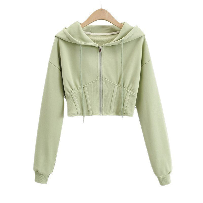 Sweat à Capuche Zippé Femme  Veste Courte Cintrée avec Détail Patch à la Taille