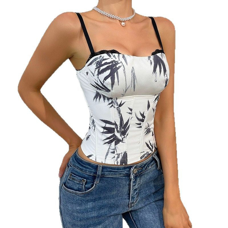 Corset Femme Style Vintage  Imprimé Encre & Dentelle Raffinée