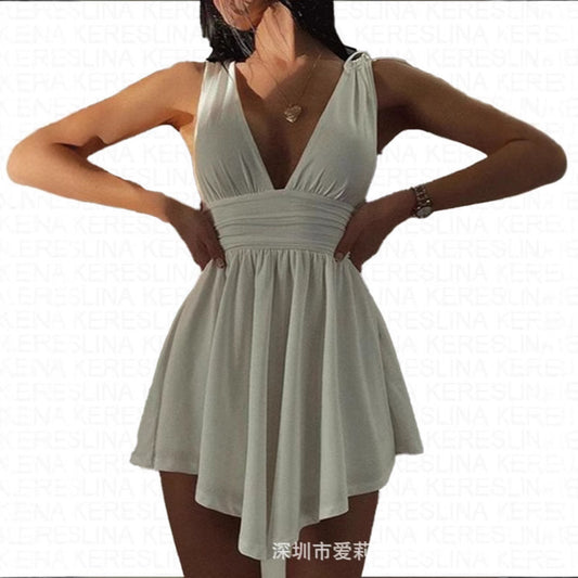 Robe d'été sans manches pour femme, style européen et américain, couleur unie, décolleté profond en V, coupe plissée et élégante.