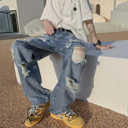 Ripped jeans, men's summer ins, high street, loose beggars, wide-leg pants, design sense, niche trendy brand straight pants