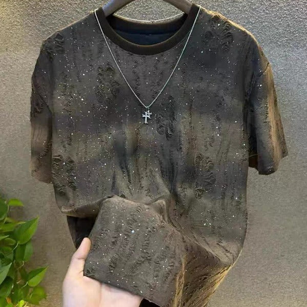 T-shirt homme en coton épais  manches courtes, imprimé vintage, coupe ample, style haut de gamme