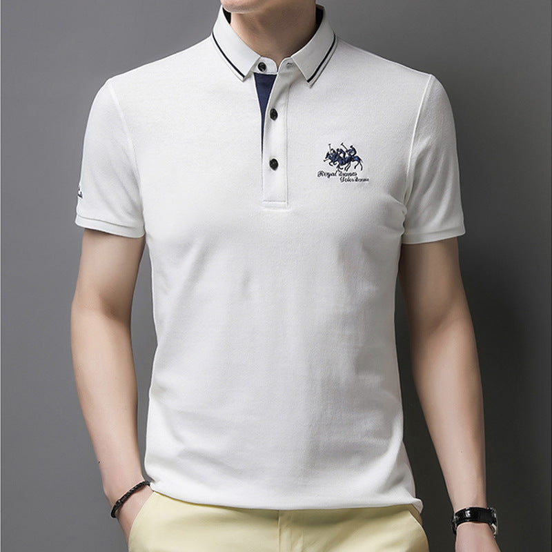 Polo homme grande taille, manches courtes, col à revers, brodé, style business casual, tenue idéale pour homme d'âge moyen.