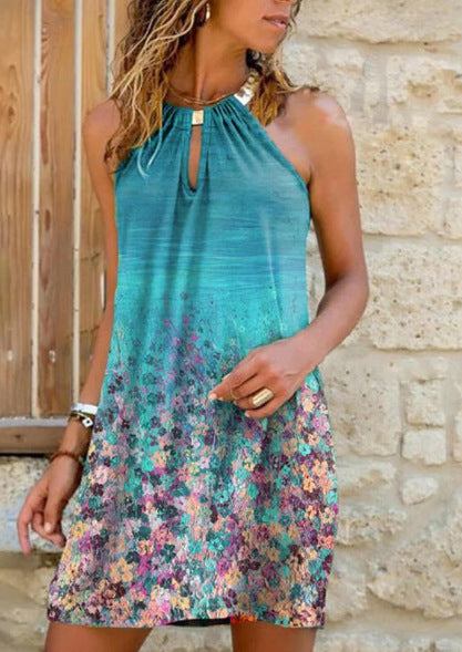 Robe ample sans manches à col halter métallique imprimé, nouvelle collection printemps-été, style européen et américain, vêtement féminin très tendance.