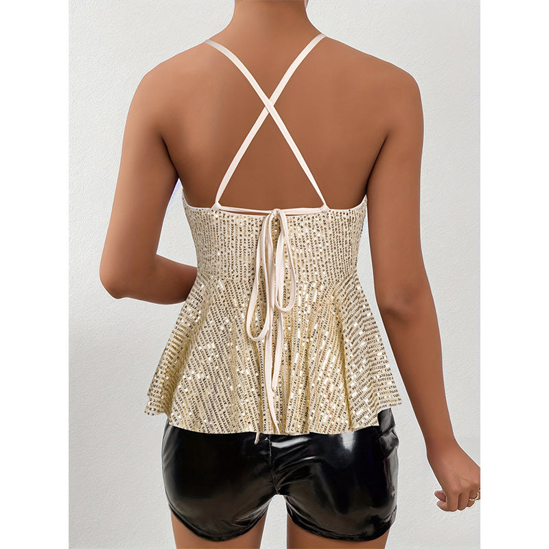 Top Femme à Sequins  Dos Nu & Col V Glamour