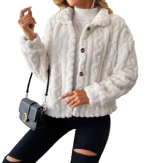 Veste courte en peluche pour lautomne et lhiver  Cardigan à col revers, boutons, couleur unie, doublure douce des deux côtés, style tendance européen et américain