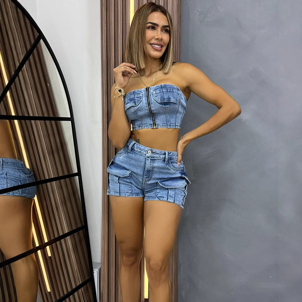 Ensemble Femme en Jean  Bandeau Sexy & Short Multi-Poches