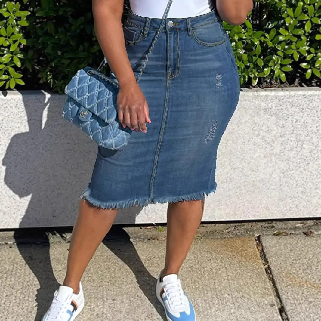 Jupe Mi-Longue en Jean Effet Brut  Taille Haute & Coupe Affinante