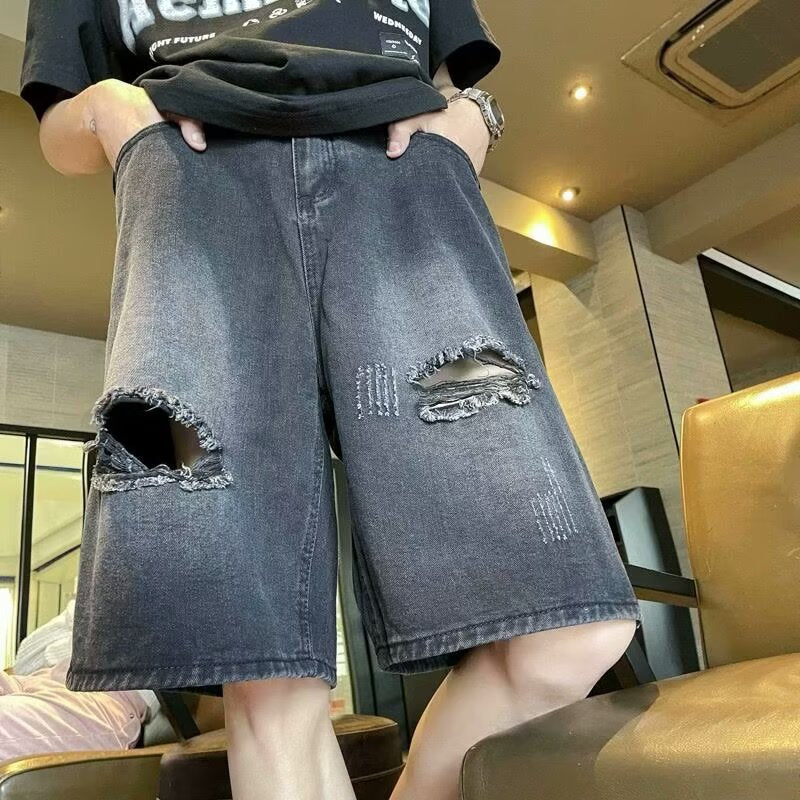 Short en jean déchiré pour homme  Style urbain, coupe large et décontractée, tendance et moderne