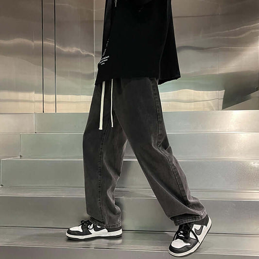 Shopee with black and gray jeans men's summer loose straight-leg trousers, trendy brand high street vibe style pants men