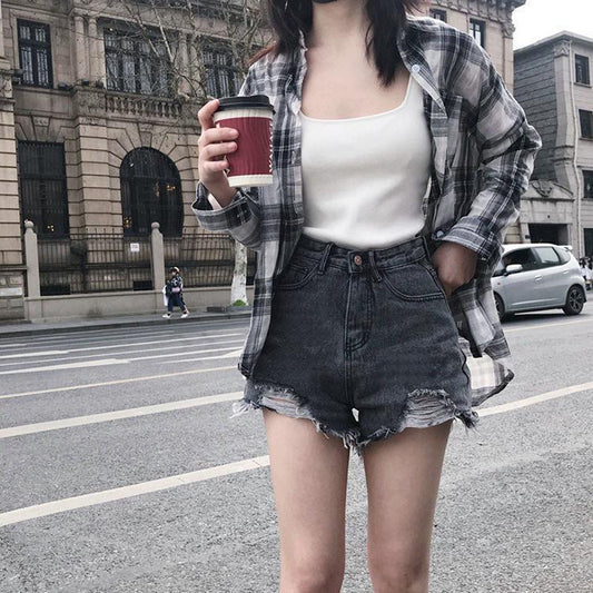 Short en Jean Femme  Taille Haute, Évasé & Effet Usé