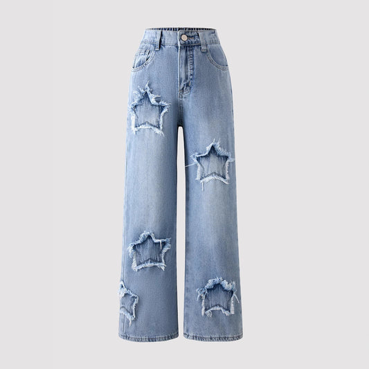 Jean Large à Taille Élastique avec Décoration Étoilée  Style Tendance pour Adolescentes