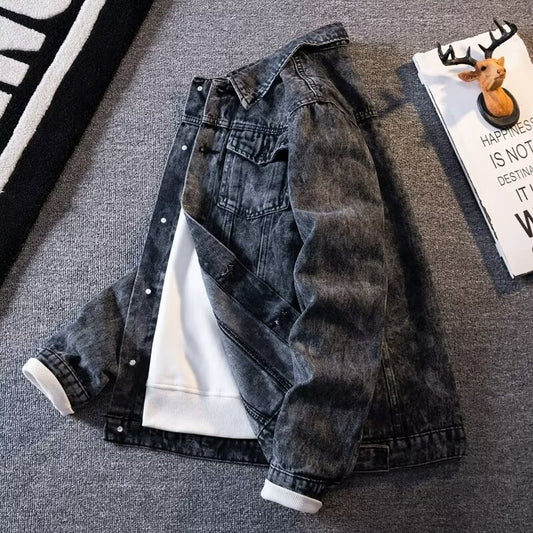 Veste en jean vintage jacquard pour homme, coupe ample et décontractée