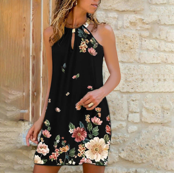 Robe ample sans manches à col halter métallique imprimé, nouvelle collection printemps-été, style européen et américain, vêtement féminin très tendance.