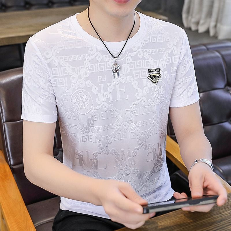 T-shirt homme en soie glacée  manches courtes, coupe ajustée, respirant, motif jacquard discret