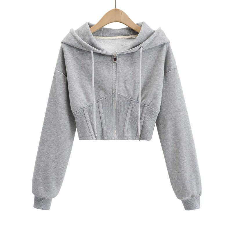 Sweat à Capuche Zippé Femme  Veste Courte Cintrée avec Détail Patch à la Taille