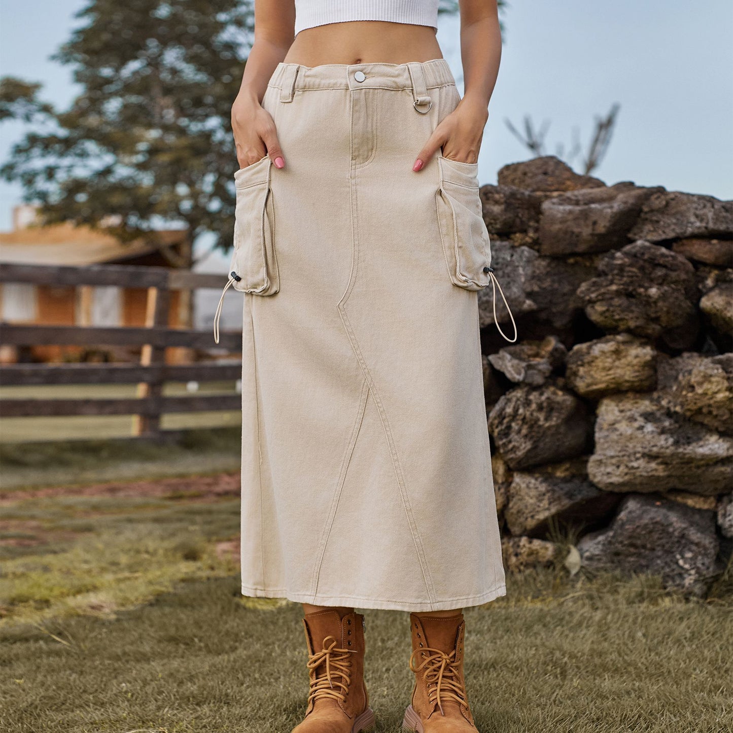 Jupe Midi en Jean Style Workwear  Look Vintage Décontracté