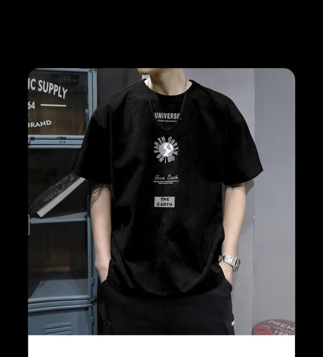 T-shirt homme en coton épais  manches courtes, imprimé vintage, coupe ample, style haut de gamme