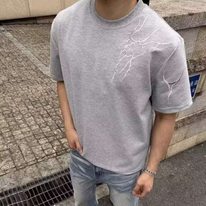T-shirt homme en coton épais  manches courtes, imprimé vintage, coupe ample, style haut de gamme