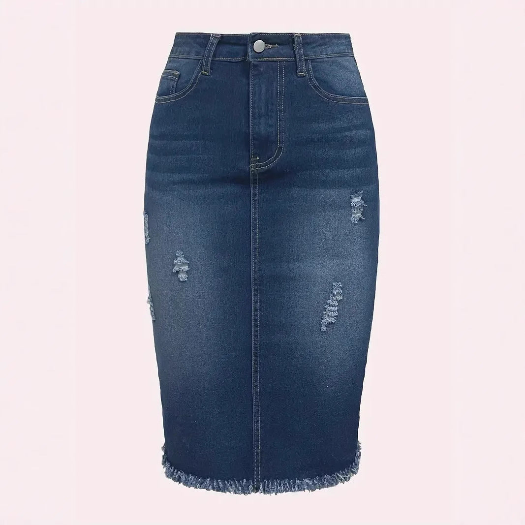 Jupe Mi-Longue en Jean Effet Brut  Taille Haute & Coupe Affinante