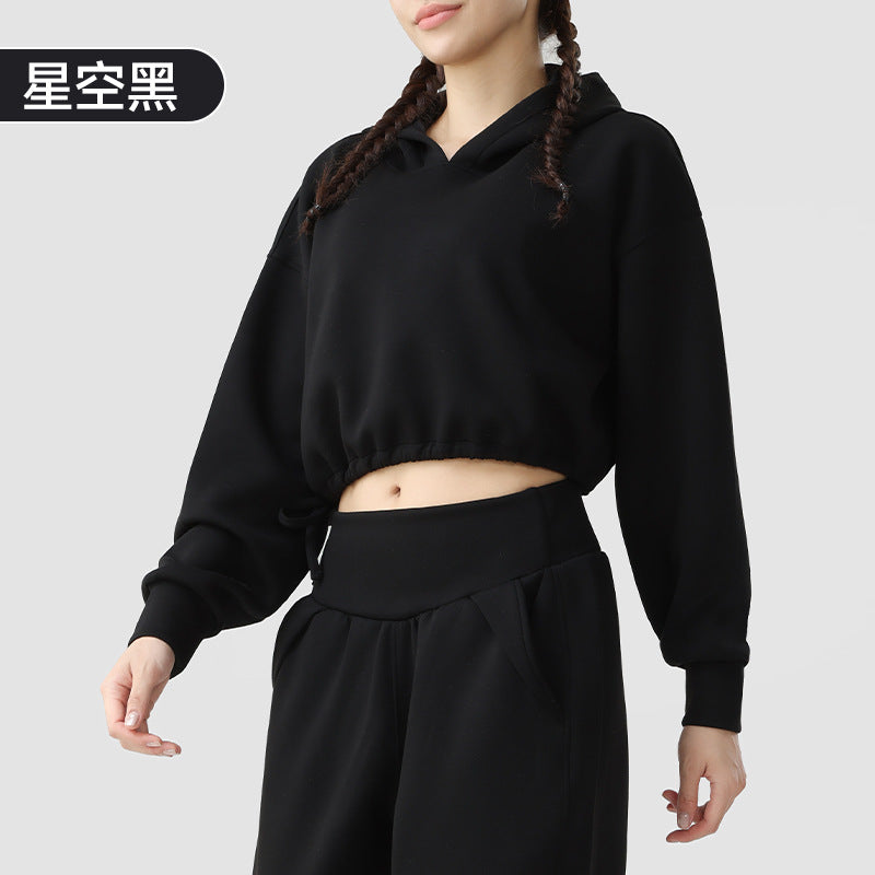 Sweat à capuche en tissu double pour femme  Haut de survêtement ample et court, manches longues, parfait pour le running, le fitness ou l'entraînement en automne
