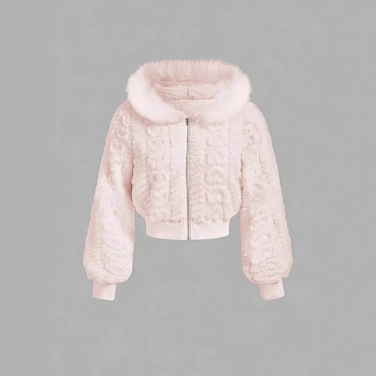 Manteau court rose en fausse fourrure style teddy  Veste élégante pour femme, douce et tendance