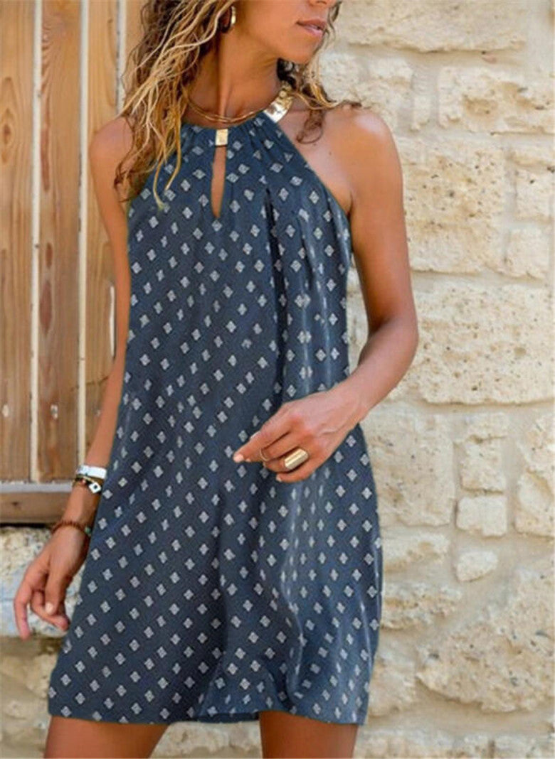 Robe ample sans manches à col halter métallique imprimé, nouvelle collection printemps-été, style européen et américain, vêtement féminin très tendance.