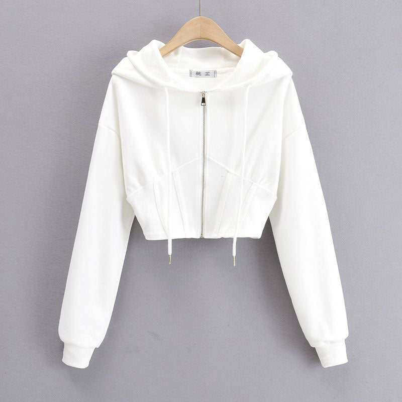 Sweat à Capuche Zippé Femme  Veste Courte Cintrée avec Détail Patch à la Taille